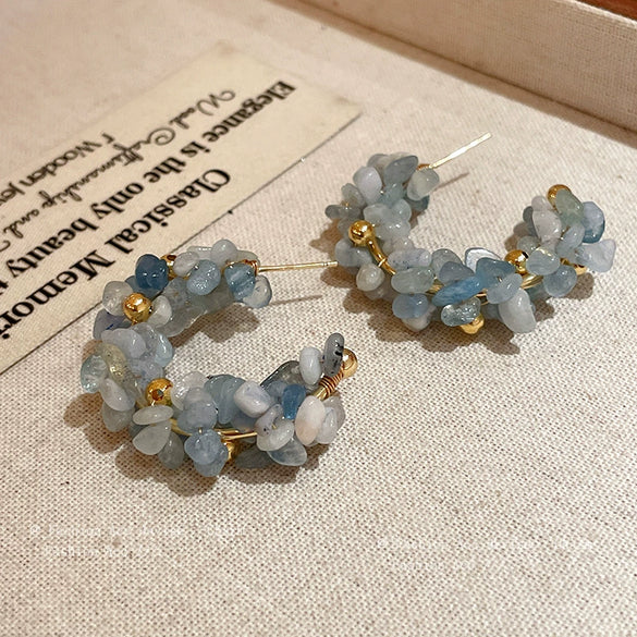Wholesale Women's Hailanbao Geometric Handmade Small Fresh Style Round Aquamarine Earrings
