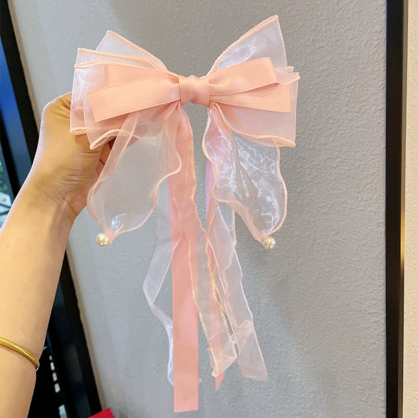 Wholesale Women's Hair Accessories Elegant Ponytail Ribbon Hairpin Big Bow Fabric Handmade Spring Clip
