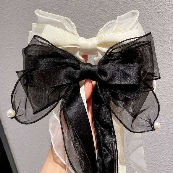 Wholesale Women's Hair Accessories Elegant Ponytail Ribbon Hairpin Big Bow Fabric Handmade Spring Clip