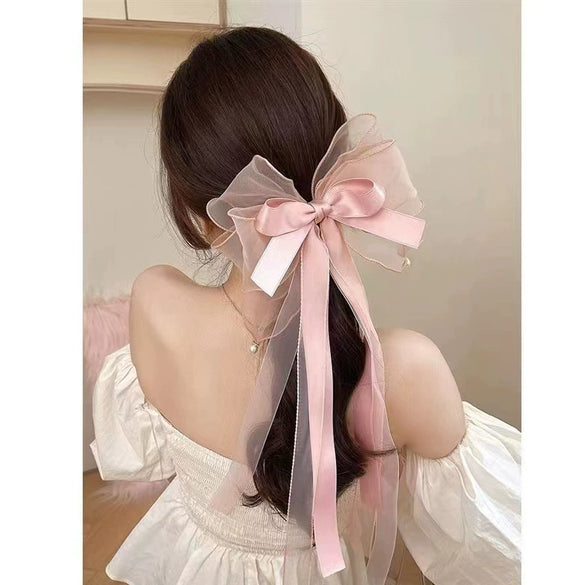 Wholesale Women's Hair Accessories Elegant Ponytail Ribbon Hairpin Big Bow Fabric Handmade Spring Clip