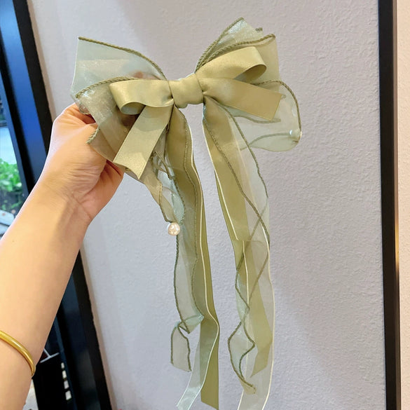Wholesale Women's Hair Accessories Elegant Ponytail Ribbon Hairpin Big Bow Fabric Handmade Spring Clip