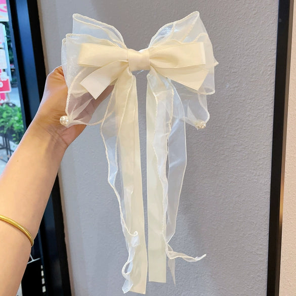 Wholesale Women's Hair Accessories Elegant Ponytail Ribbon Hairpin Big Bow Fabric Handmade Spring Clip
