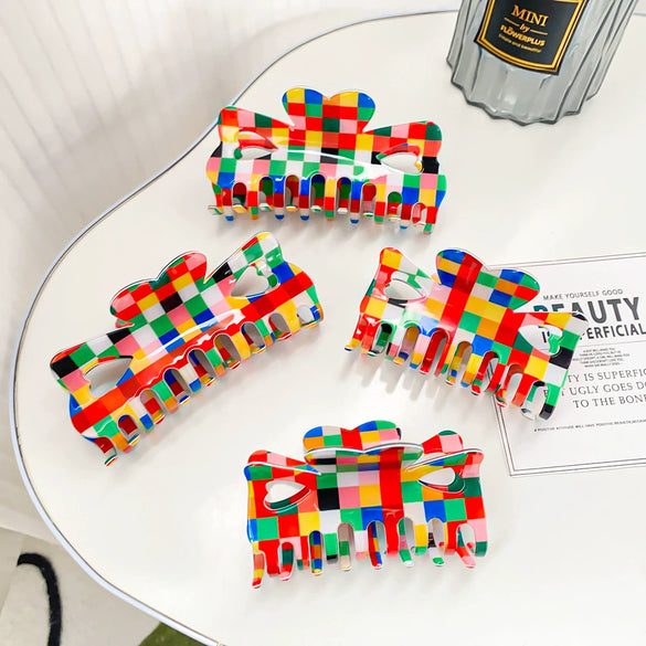 Wholesale Women's Hair Grab Clip Pvc Openwork Bow Handmade Retro Color Checkerboard Style