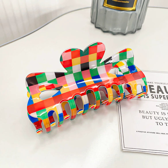 Wholesale Women's Hair Grab Clip Pvc Openwork Bow Handmade Retro Color Checkerboard Style
