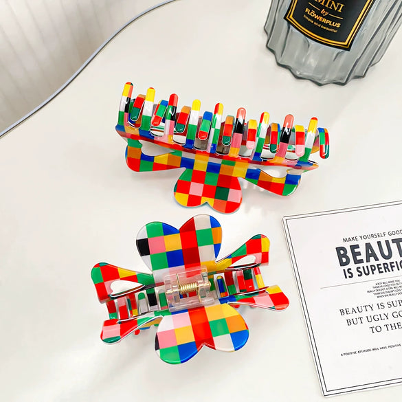 Wholesale Women's Hair Grab Clip Pvc Openwork Bow Handmade Retro Color Checkerboard Style