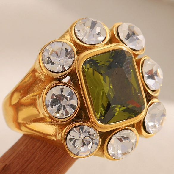 Wholesale Women's Hand Jewelry Stainless Steel 18K Plated Geometric Flowershaped Square Small Round Zirconium Ring Light Luxury Style