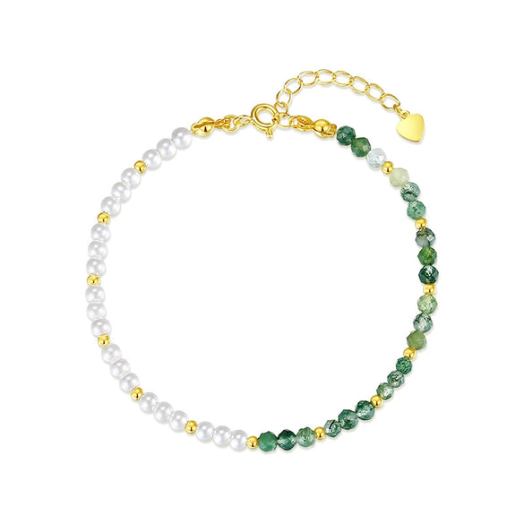 Wholesale Women's Hand Knitted Geometric S925 Sterling Silver Natural Water Grass Agate Pearl Bracelet With Little Fresh Style