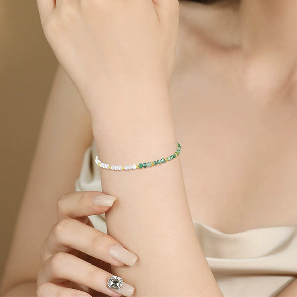Wholesale Women's Hand Knitted Geometric S925 Sterling Silver Natural Water Grass Agate Pearl Bracelet With Little Fresh Style