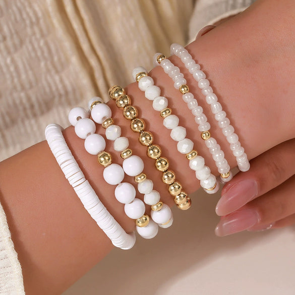 Wholesale Women's Handmade Acrylic Geometric Crystal Beaded Elastic Rope Bracelet Suit