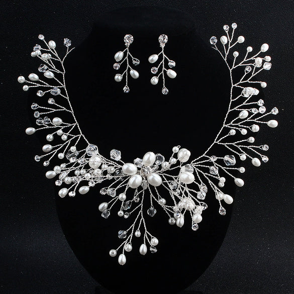 Wholesale Women's Handmade Alloy Pearl Rhinestone Crystal Bridal Jewelry Set With Ball Chain Earrings Necklace