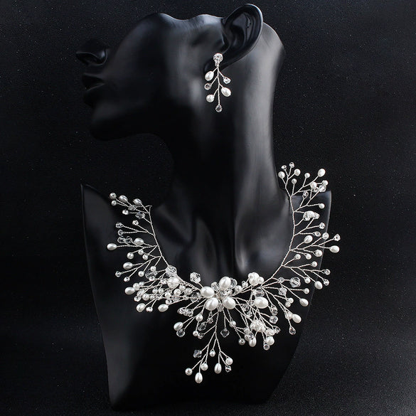 Wholesale Women's Handmade Alloy Pearl Rhinestone Crystal Bridal Jewelry Set With Ball Chain Earrings Necklace