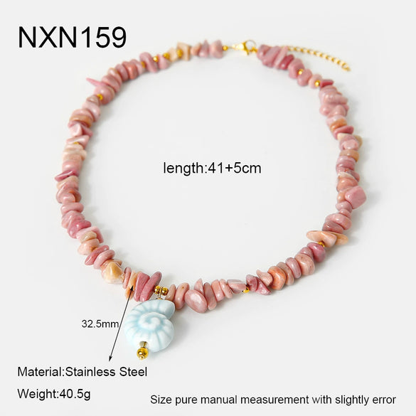 Wholesale Women's Handmade Beaded Anklet Bracelet Necklace With Conch Pendant Ceramic Natural Red Stone Stainless Steel Ball Chain Electroplated Marine Jewelry