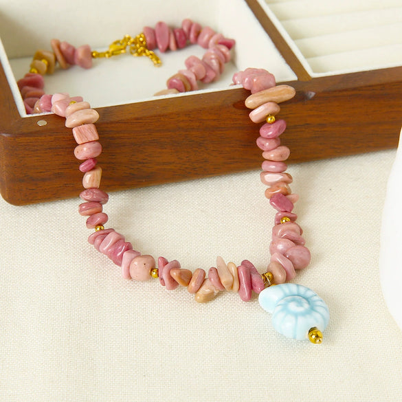 Wholesale Women's Handmade Beaded Anklet Bracelet Necklace With Conch Pendant Ceramic Natural Red Stone Stainless Steel Ball Chain Electroplated Marine Jewelry