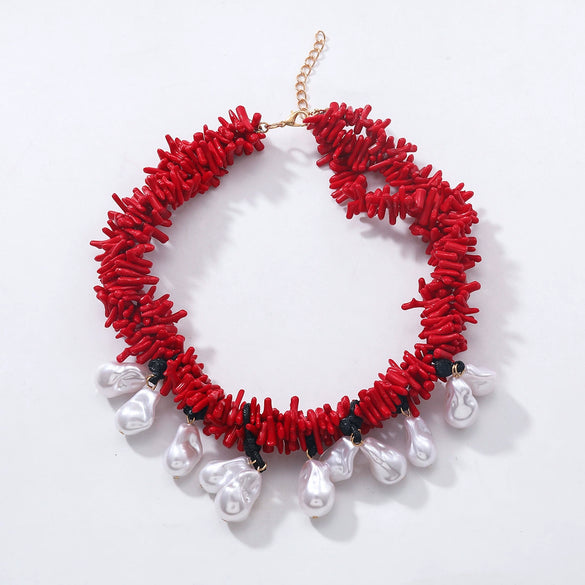 Wholesale Women's Handmade Beaded Multilayer Imitation Pearl Necklace With Geometric Pattern And Mixed Gemstone Setting