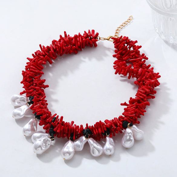 Wholesale Women's Handmade Beaded Multilayer Imitation Pearl Necklace With Geometric Pattern And Mixed Gemstone Setting