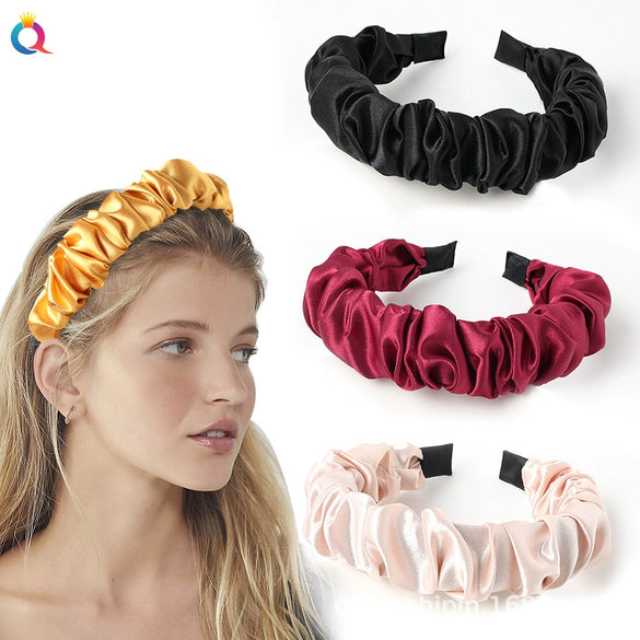 Wholesale Women's Handmade Cloth Pleated Solid Color Satin Headband Hair Accessory