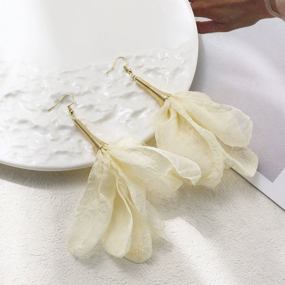 Wholesale Women's Handmade Fabric Flower Exaggerated Large Long Tassel Earrings Sweet Style