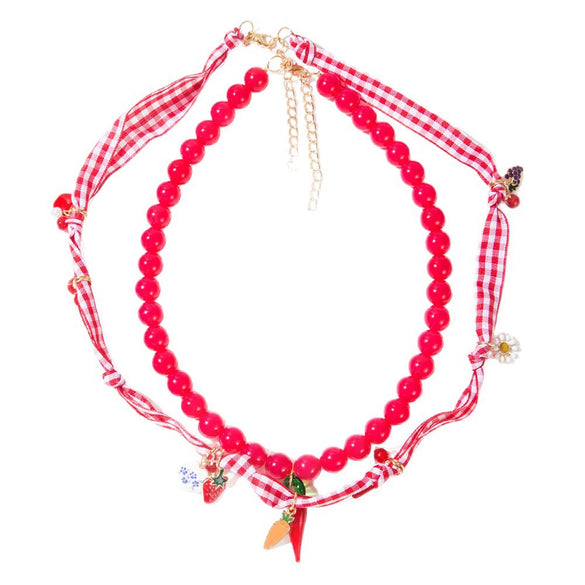 Wholesale Women's Handmade Fruit Pattern Cloth And Alloy Pendant Multilayered Necklace