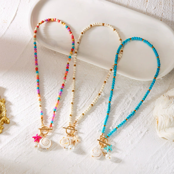 Wholesale Women's Handmade Geometric Alloy Seed Bead Necklace With Shell Conch And Starfish Pendant