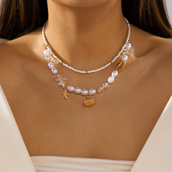 Wholesale Women's Handmade Geometric Alloy Shell Starfish Pendant Multilayered Clavicle Necklace Casual Minimalist Jewelry