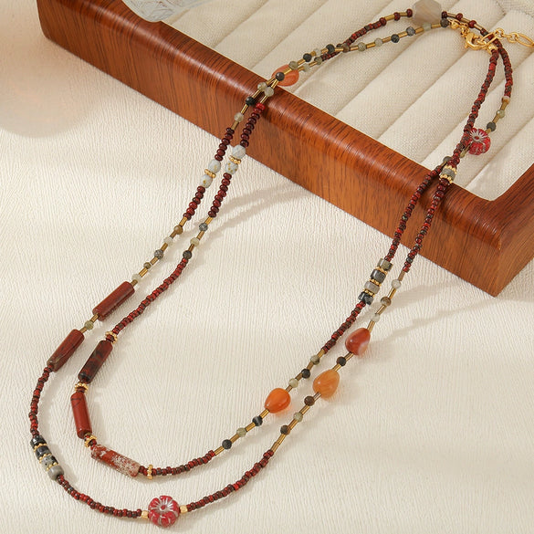 Wholesale Women's Handmade Geometric Czech Beads Red Agate Red Stone Copper Pendant Necklace