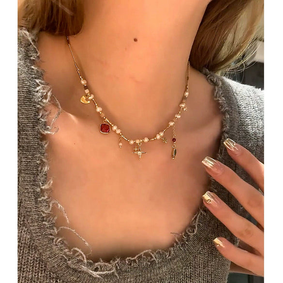 Wholesale Women's Handmade Geometric Freshwater Pearl Zircon Copper Tourmaline Clavicle Necklace