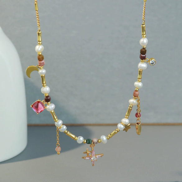 Wholesale Women's Handmade Geometric Freshwater Pearl Zircon Copper Tourmaline Clavicle Necklace