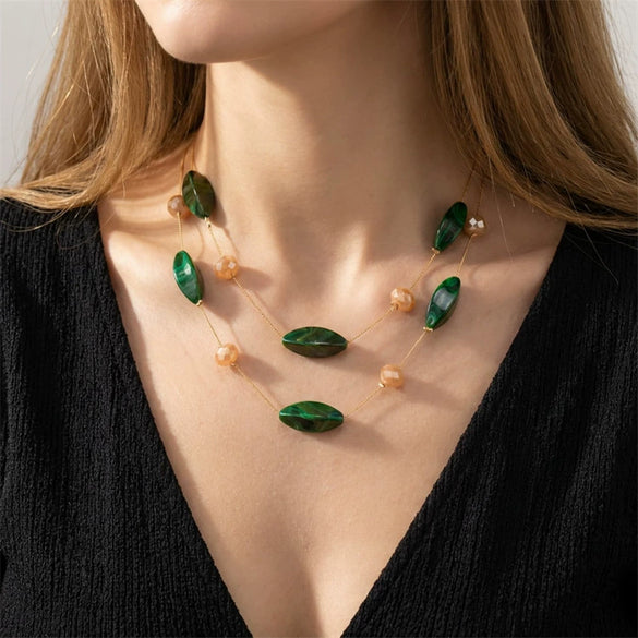 Wholesale Women's Handmade Geometric Marble Resin And Alloy Beaded Doublelayer Necklace