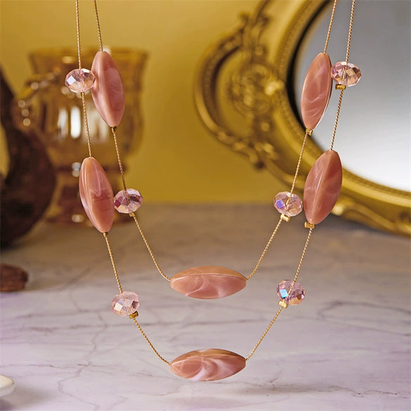 Wholesale Women's Handmade Geometric Marble Resin And Alloy Beaded Doublelayer Necklace