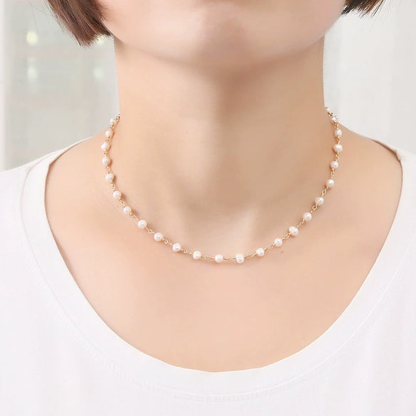 Wholesale Women's Handmade Geometric Pearl Necklace With Water Wave Chain And Real Gold Plating
