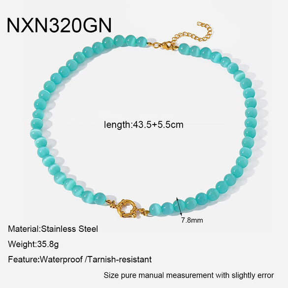 Wholesale Women's Handmade Geometric Stainless Steel Necklace With Rainbow Cat's Eye Glass Beads And Natural Stone Chain Clavicle Chain Jewelry