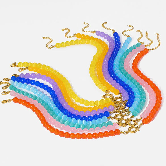 Wholesale Women's Handmade Geometric Stainless Steel Necklace With Rainbow Cat's Eye Glass Beads And Natural Stone Chain Clavicle Chain Jewelry