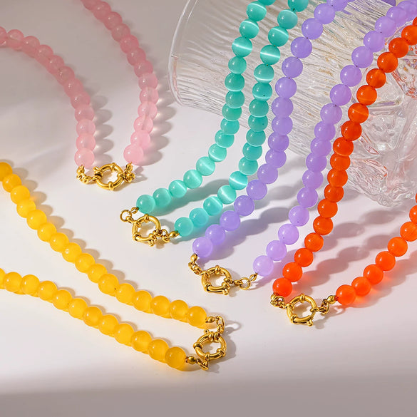 Wholesale Women's Handmade Geometric Stainless Steel Necklace With Rainbow Cat's Eye Glass Beads And Natural Stone Chain Clavicle Chain Jewelry