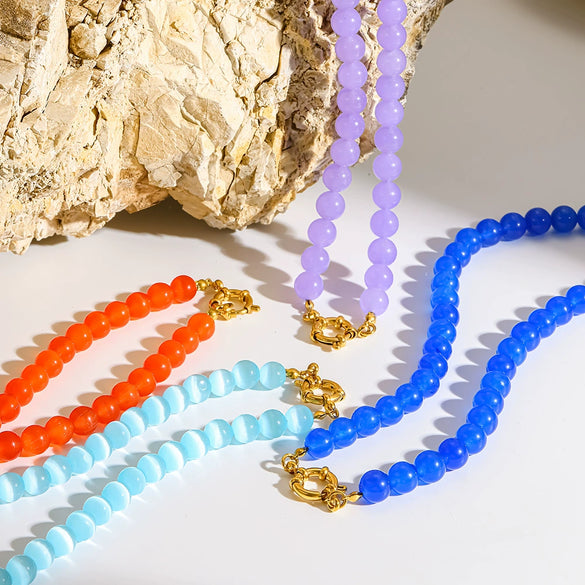 Wholesale Women's Handmade Geometric Stainless Steel Necklace With Rainbow Cat's Eye Glass Beads And Natural Stone Chain Clavicle Chain Jewelry