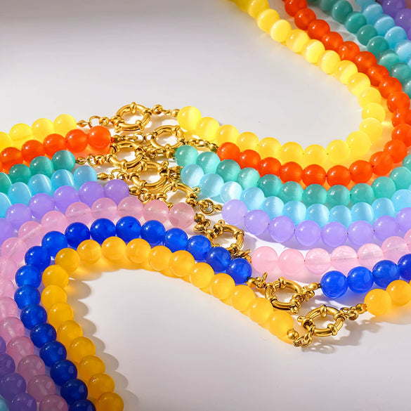 Wholesale Women's Handmade Geometric Stainless Steel Necklace With Rainbow Cat's Eye Glass Beads And Natural Stone Chain Clavicle Chain Jewelry