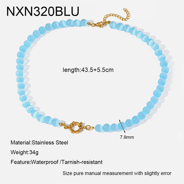 Wholesale Women's Handmade Geometric Stainless Steel Necklace With Rainbow Cat's Eye Glass Beads And Natural Stone Chain Clavicle Chain Jewelry