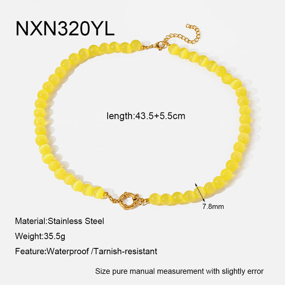Wholesale Women's Handmade Geometric Stainless Steel Necklace With Rainbow Cat's Eye Glass Beads And Natural Stone Chain Clavicle Chain Jewelry