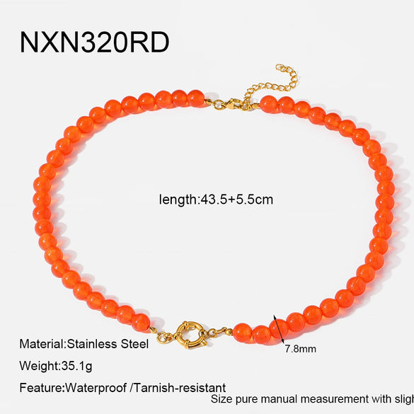 Wholesale Women's Handmade Geometric Stainless Steel Necklace With Rainbow Cat's Eye Glass Beads And Natural Stone Chain Clavicle Chain Jewelry