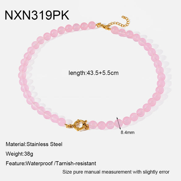 Wholesale Women's Handmade Geometric Stainless Steel Necklace With Rainbow Cat's Eye Glass Beads And Natural Stone Chain Clavicle Chain Jewelry