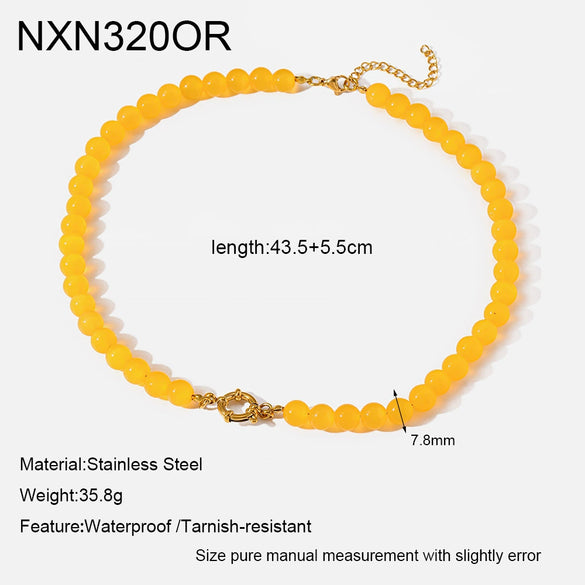 Wholesale Women's Handmade Geometric Stainless Steel Necklace With Rainbow Cat's Eye Glass Beads And Natural Stone Chain Clavicle Chain Jewelry