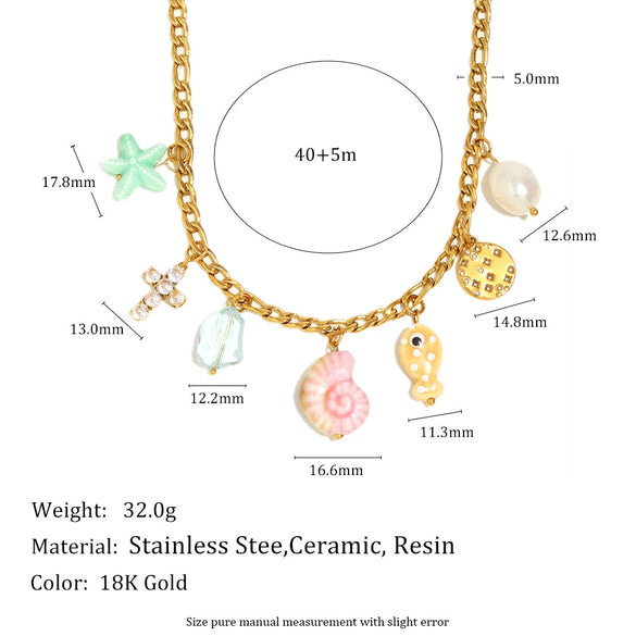 Wholesale Women's Handmade Geometric Stainless Steel Ocean Style Colorful Shell Conch Starfish Necklace