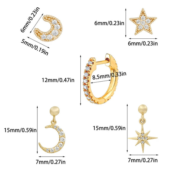 Wholesale Women's Handmade Geometric Star And Moon Earrings Copper Plated With Real Gold And Micro Inlaid Zircon