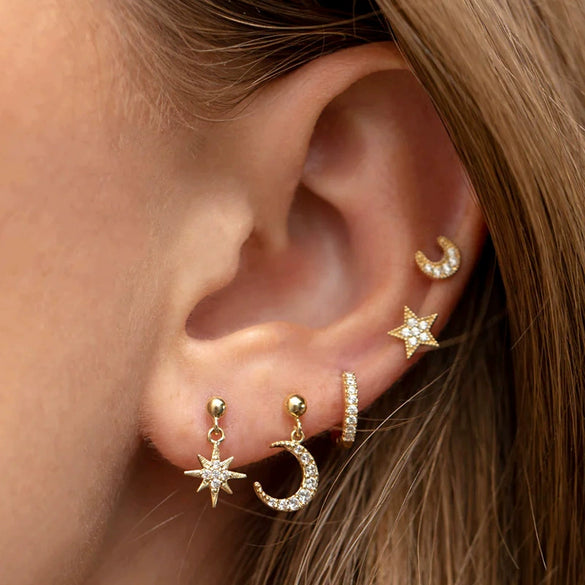 Wholesale Women's Handmade Geometric Star And Moon Earrings Copper Plated With Real Gold And Micro Inlaid Zircon