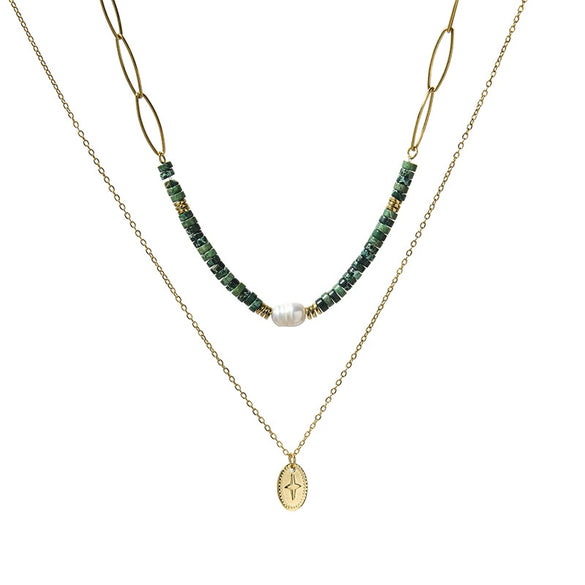 Wholesale Women's Handmade Highgrade Natural Stone Doublelayer Clavicle Chain Necklace With Geometric Pattern Titanium Steel Pendant And Electroplating Process