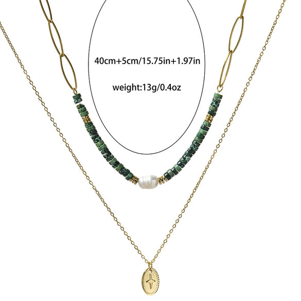 Wholesale Women's Handmade Highgrade Natural Stone Doublelayer Clavicle Chain Necklace With Geometric Pattern Titanium Steel Pendant And Electroplating Process