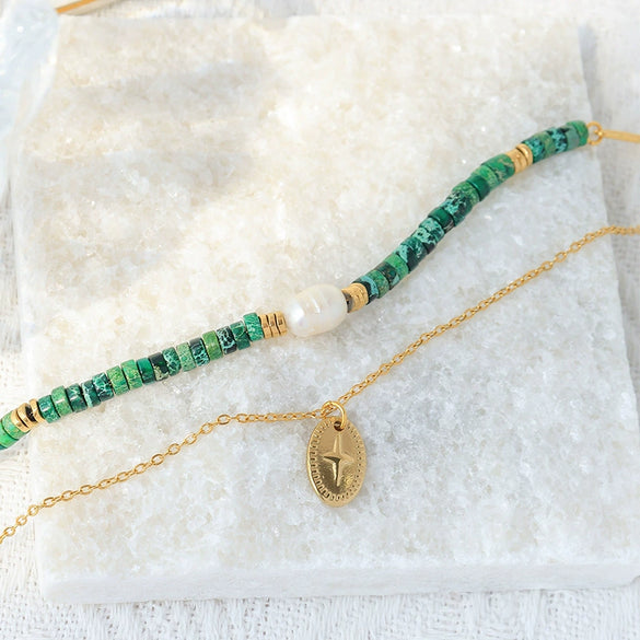 Wholesale Women's Handmade Highgrade Natural Stone Doublelayer Clavicle Chain Necklace With Geometric Pattern Titanium Steel Pendant And Electroplating Process