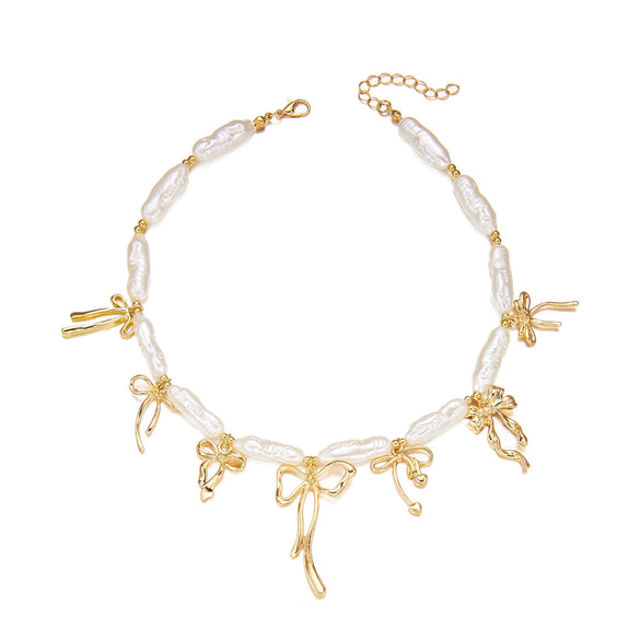 Wholesale Women's Handmade Imitation Pearl And Alloy Splicing Bow Necklace Choker In Casual Style