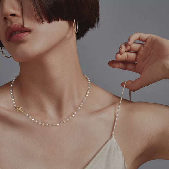 Wholesale Women's Handmade Imitation Pearl Cross Necklace With Copper Pendant And Geometric Pattern Electroplated