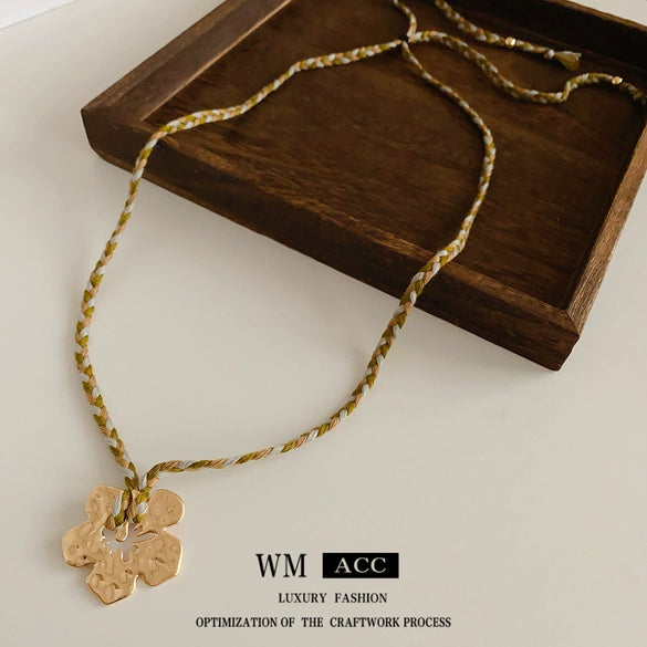 Wholesale Women's Handmade Knitting Cord Copper Flower Pendant Clavicle Chain Necklace Retro Ethnic Style