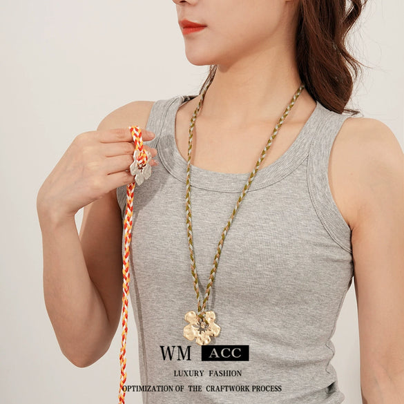 Wholesale Women's Handmade Knitting Cord Copper Flower Pendant Clavicle Chain Necklace Retro Ethnic Style